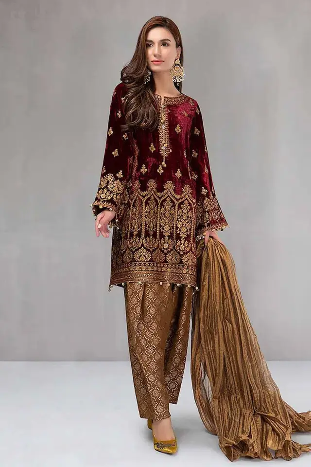 Maria B Velvet Maroon designer-inspired formal dress, full-length primary view