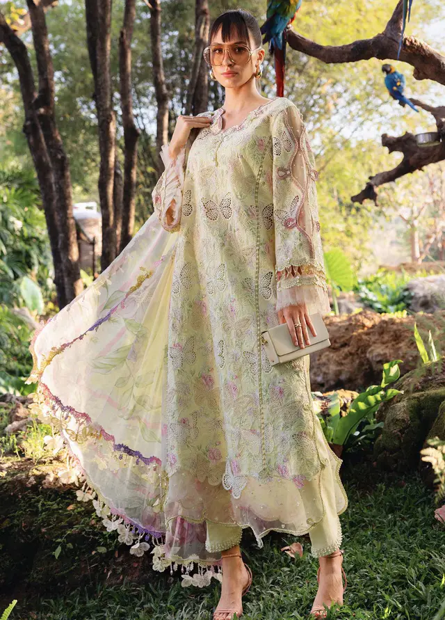 Mariab MPrints Lawn 2026 hit Code 1B yellow luxury lawn full-length primary view