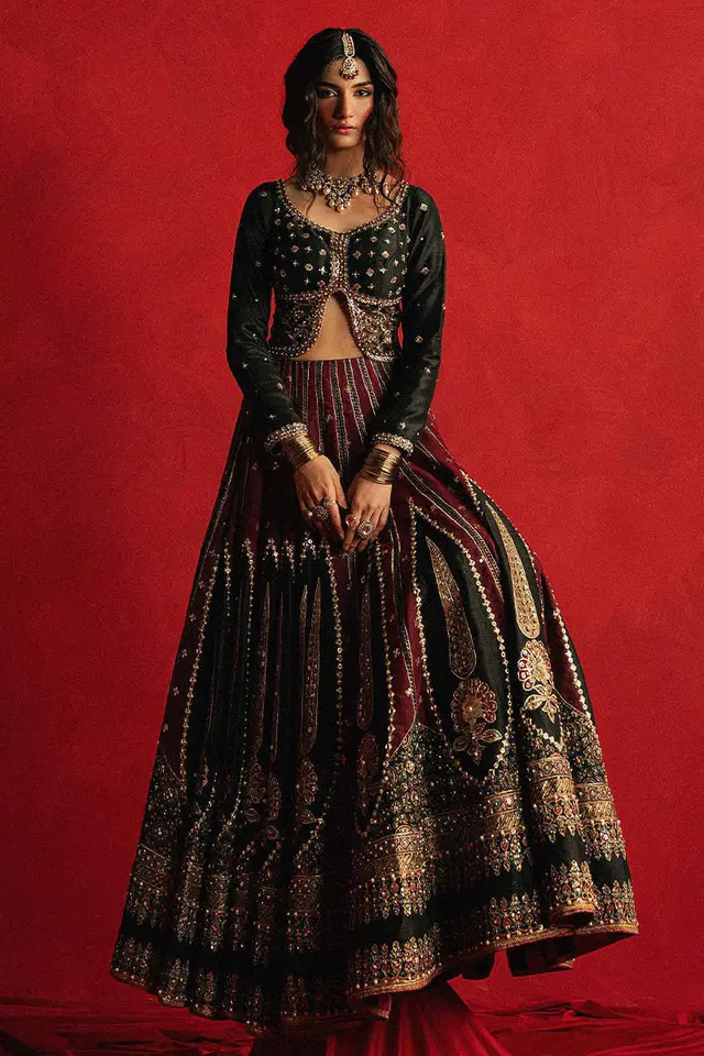 Mohsin Naveed Ranjha Dil Raas black maroon lehenga