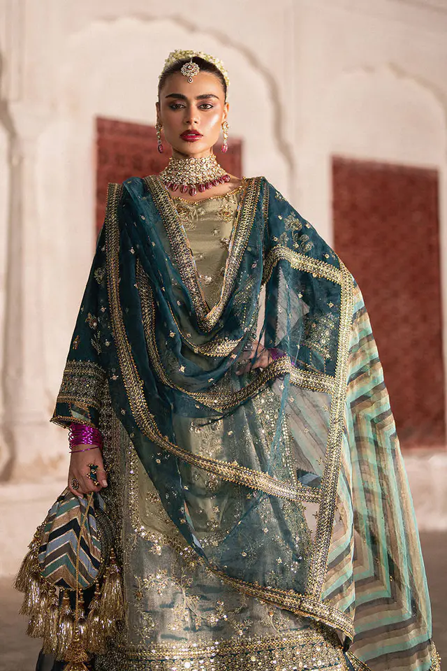 Lehar ZWU-25-44 teal blue gharara ensemble by Mohsin Naveed Ranjha, front view