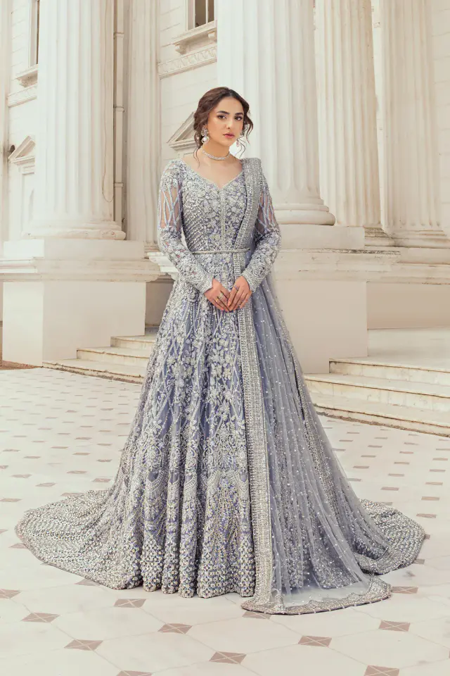 Moonlit Majesty ice-blue net bridal peshwas gown with royal tail, full-length front view