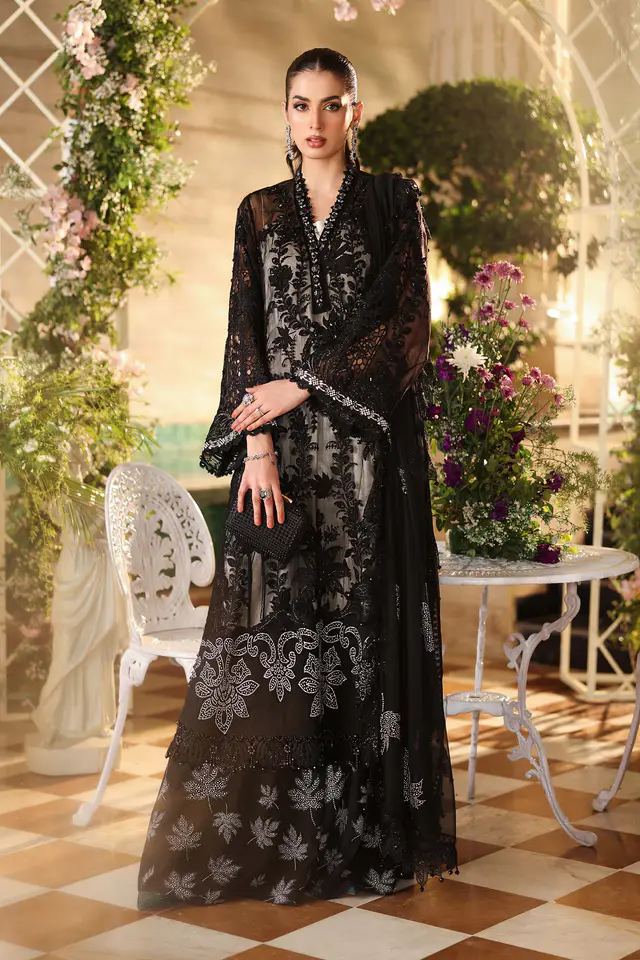 MPC-26-101 black embroidered chiffon suit with contrast undershirt, full-length front view