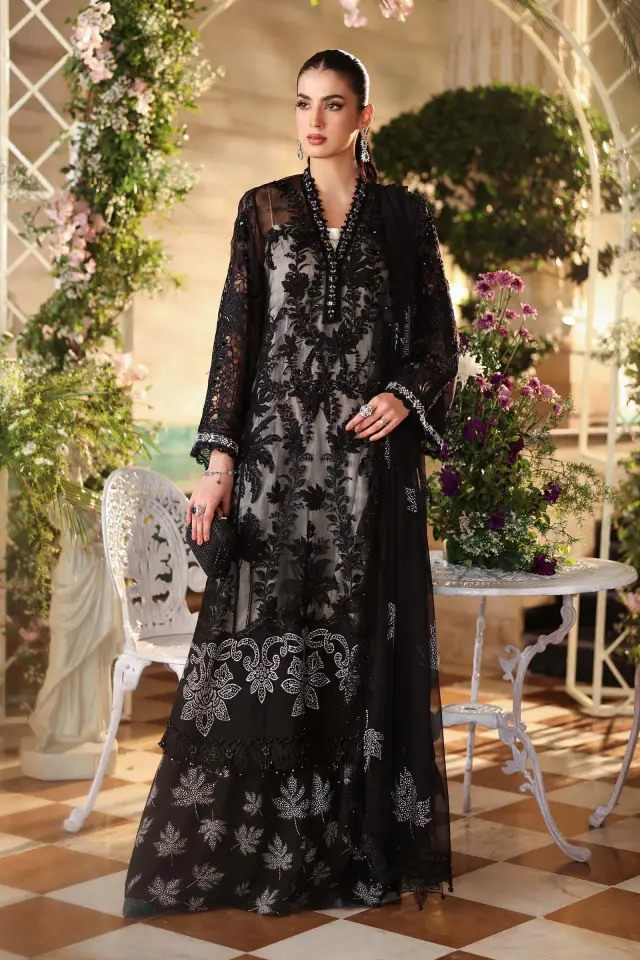 MPC-26-101 black embroidered chiffon formal, full front view