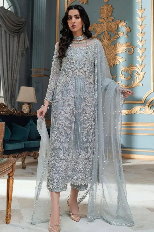 Mushq Adela Ice Blue designer-inspired formal dress, full-length primary view