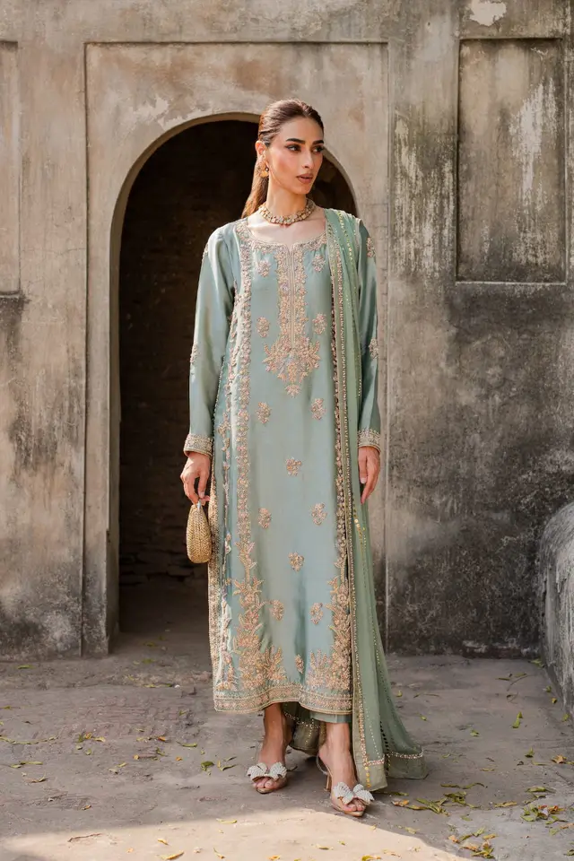 Nayab mint-green sheesha silk formal shirt with pearl, dabka and sitara embellishment