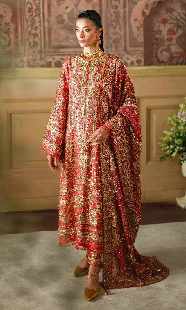Crimson Tale Style crimson and gold formal ensemble