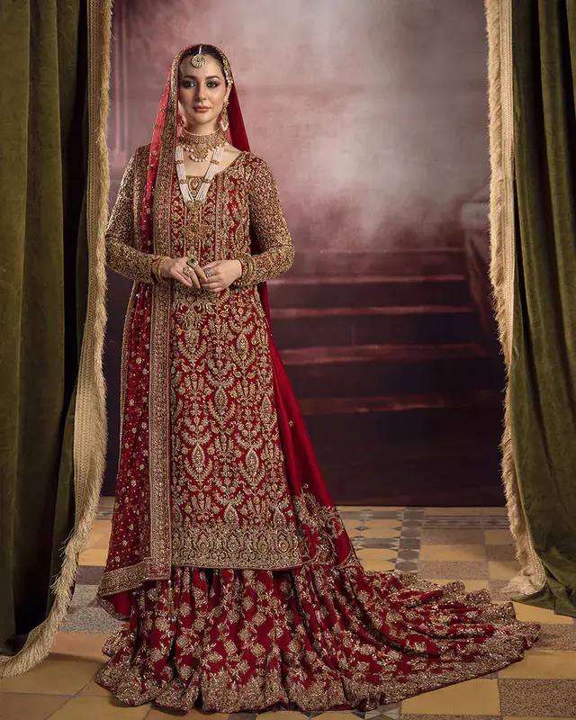 Roushana bright-red bridal shirt and gharara primary view