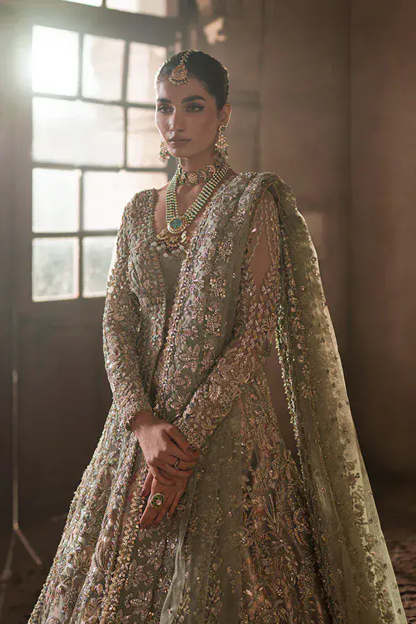 Shayna by Soraya light sage green Pakistani bridal gown and lehenga front view