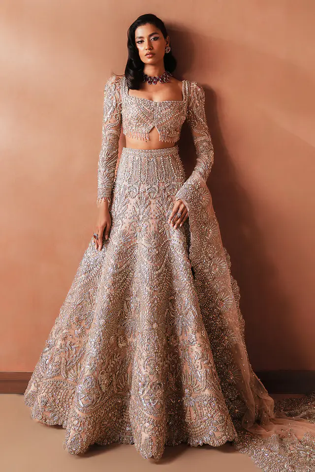 Catherine by Soraya soft pink embroidered net bridal lehenga, full front view