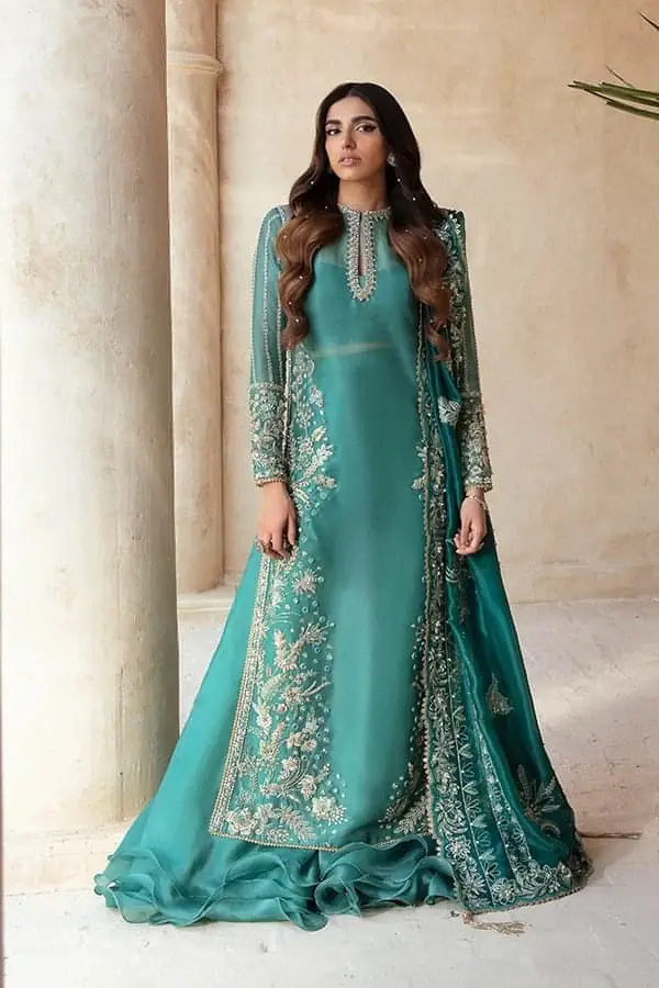 Perle by Soraya aqua teal Shamo silk formal ensemble, full front view
