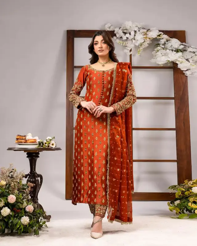 Tangerine hand-embellished katan-silk formal suit, full-length front view