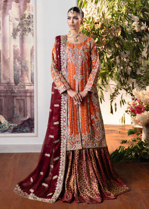 Zafraan pumpkin-orange Banarsi kurti and gharara primary view