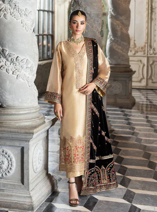 Zainab Chottani Luxury Velvet Wedding Collection - Gold & BLACK full-length primary view