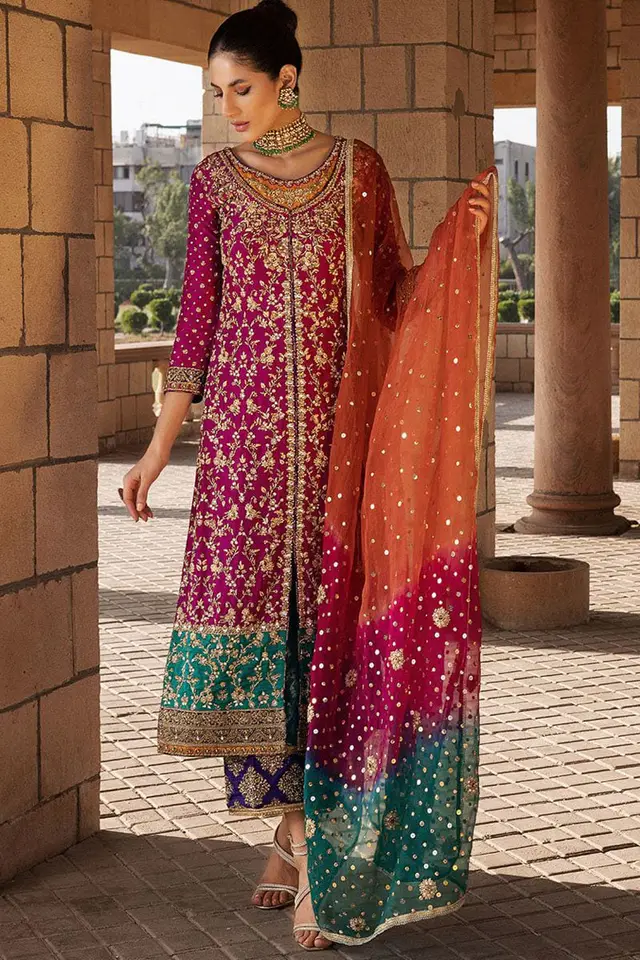 Zainab Chottani Wedding Festive jewel-toned embroidered chiffon suit, full-length front view