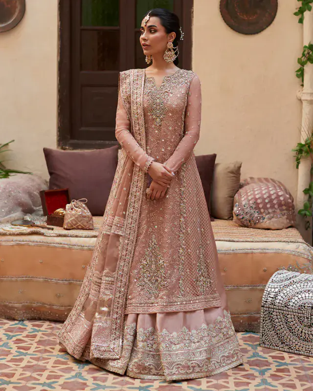 Zeena salmon-pink embellished chiffon kameez with sharara, full-length front view
