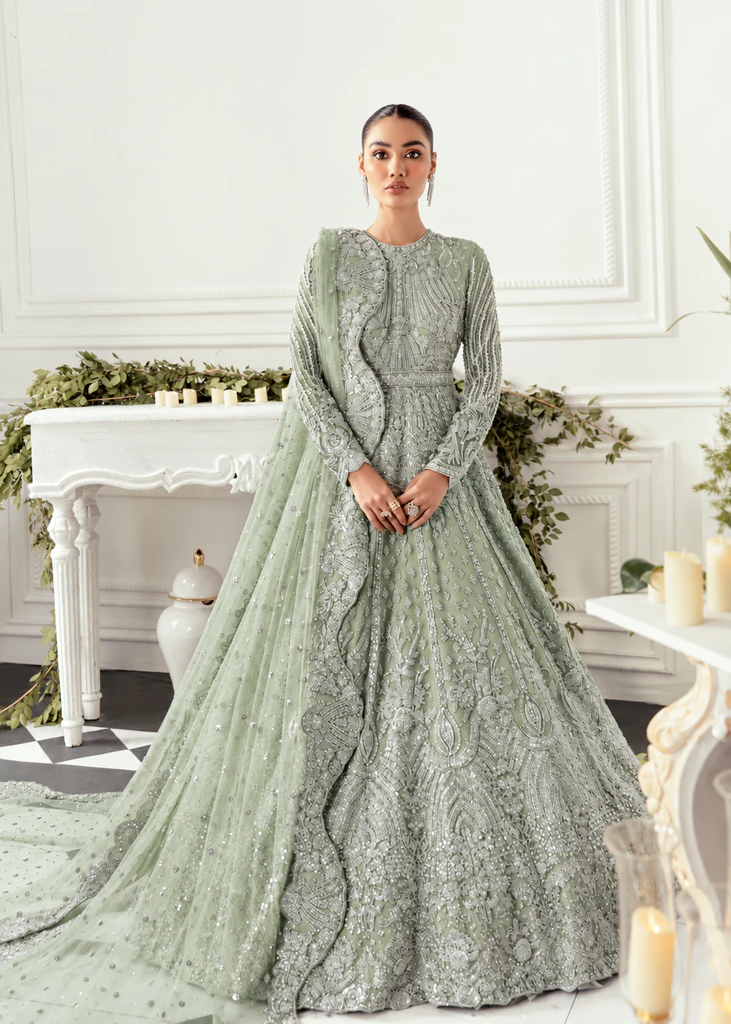 Akbar Aslam - Hyacinth (Pistachio) bridal maxi full outfit view