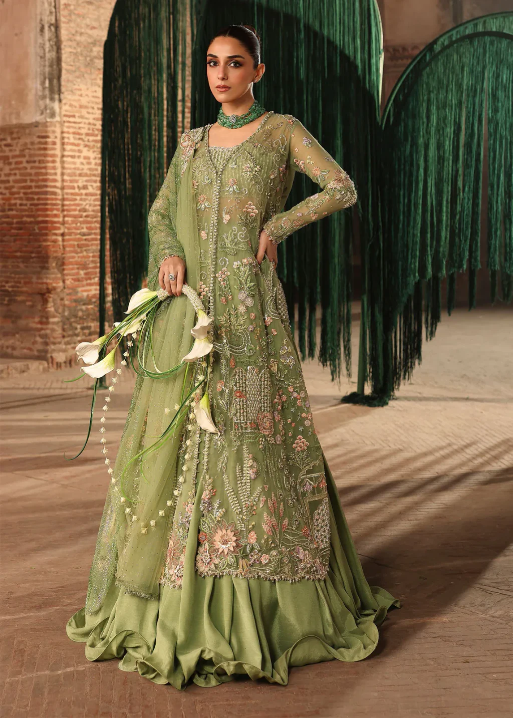 Crimson – Mint Green Embroidered Lehenga – full outfit view