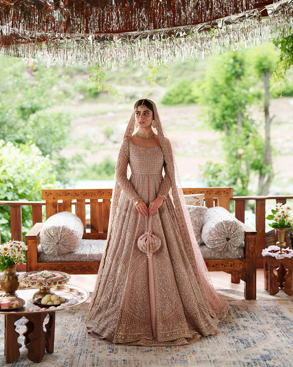 Faiza Saqlain Meena peach bridal pishwas full front model view
