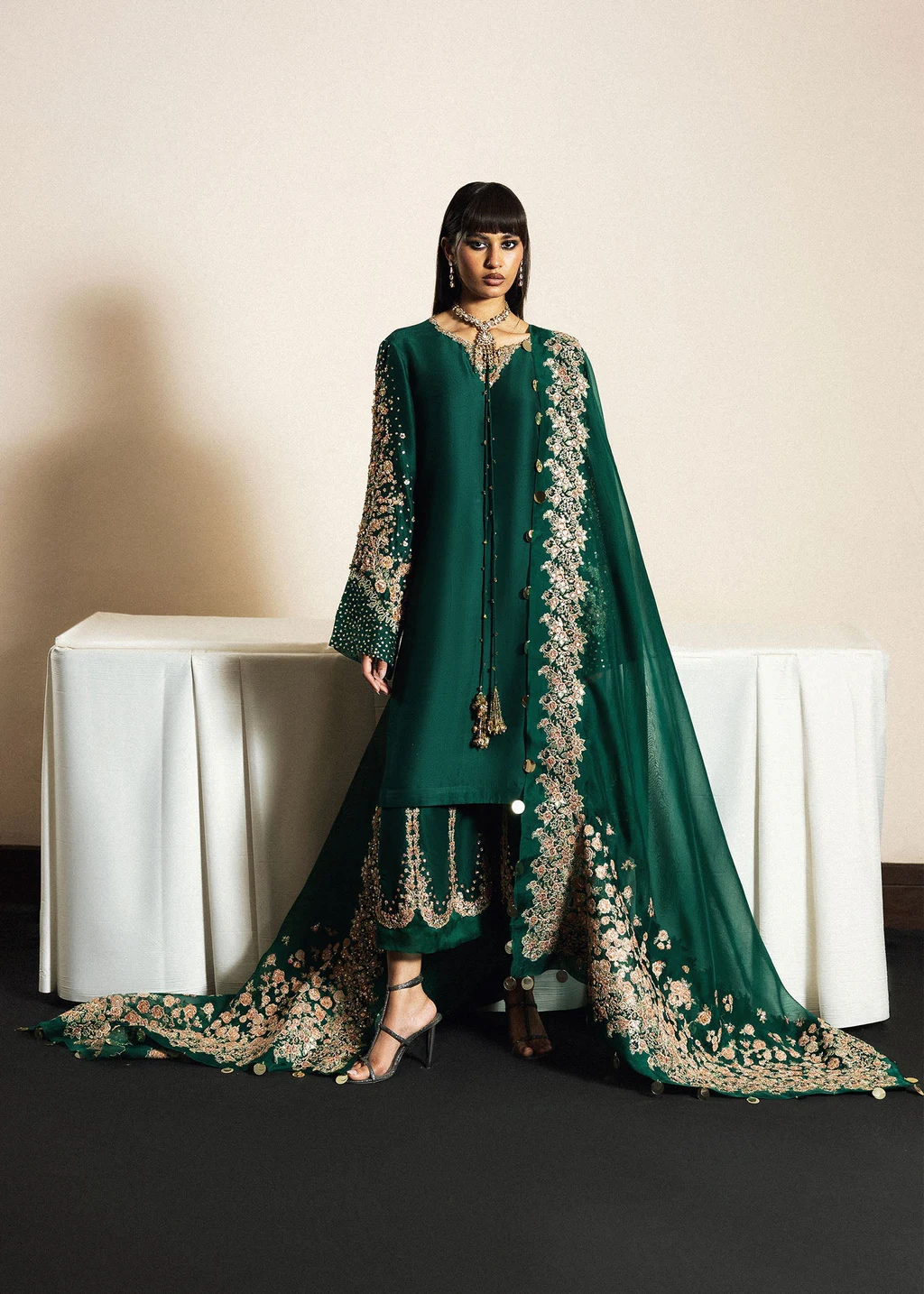 Hussain Rehar Noor L’époque bottle-green three-piece suit full front model view