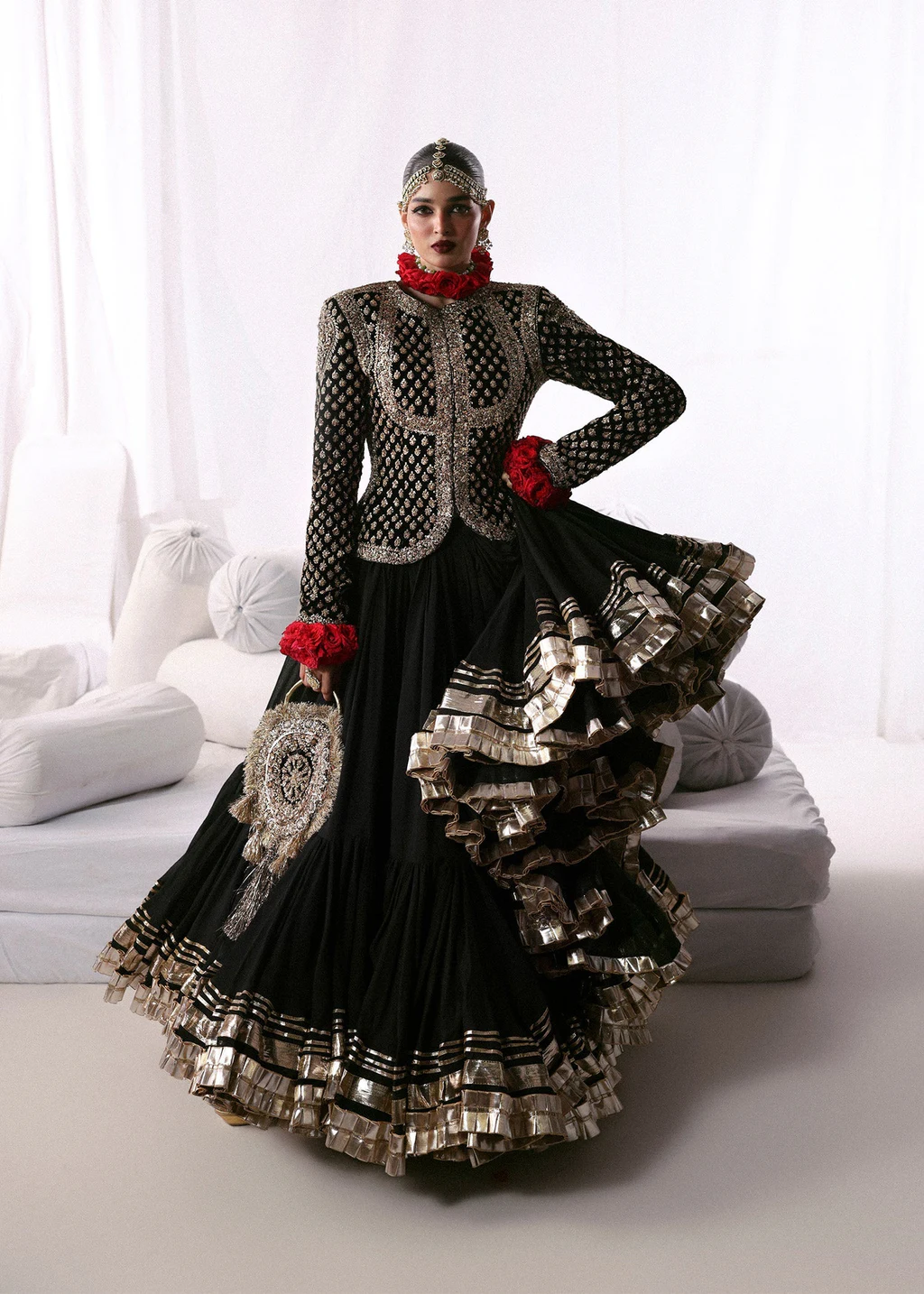 Hussain Rehar - Siyah Style: full black jacket and lehenga outfit