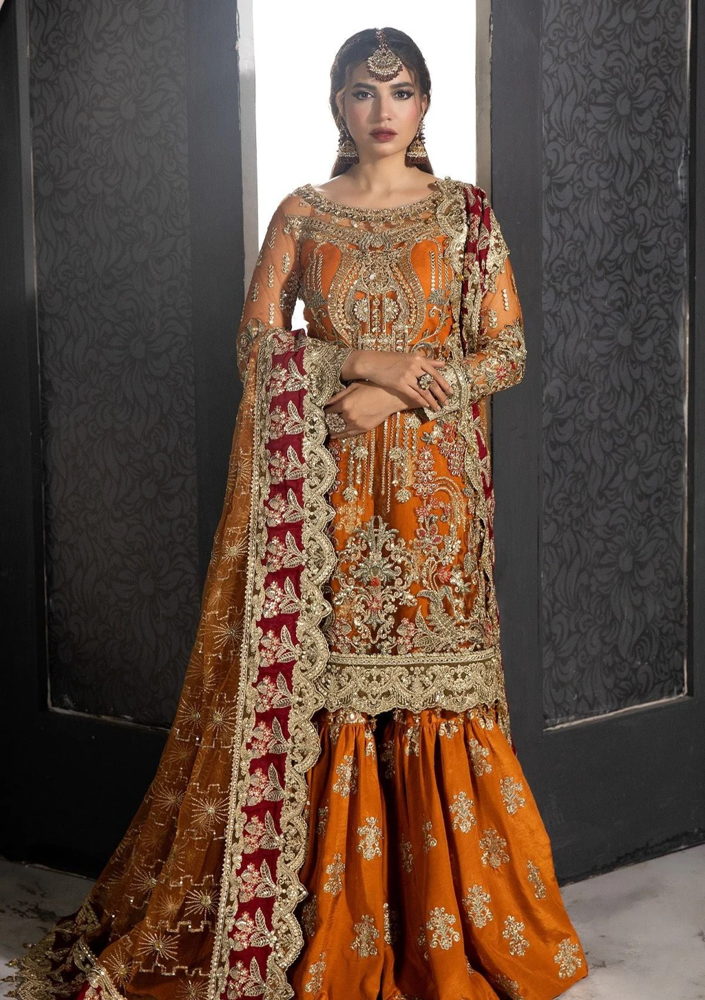 Imrozia Sofi IB-42 orange Net shirt and sharara full front model view
