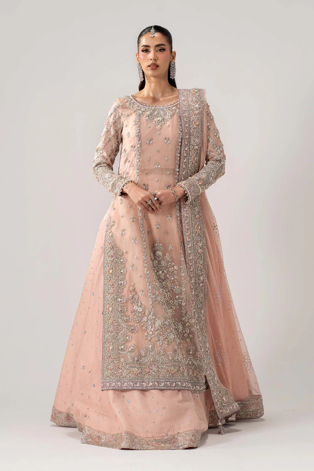Maria.B - Velmira Style: full front view of the powder-pink shirt and lehenga