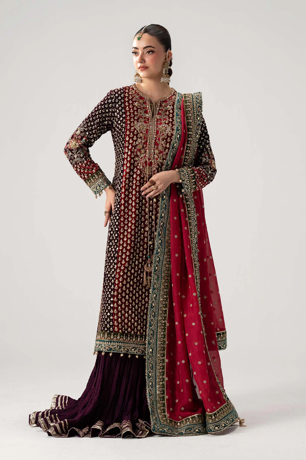 Maria B Yarizeh plum Velvet shirt and crushed sharara full front model view
