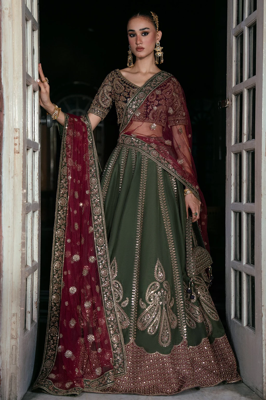 Mina Kashif - Zarmeen Style, deep olive green / black / deep pink three-piece outfit — view 1