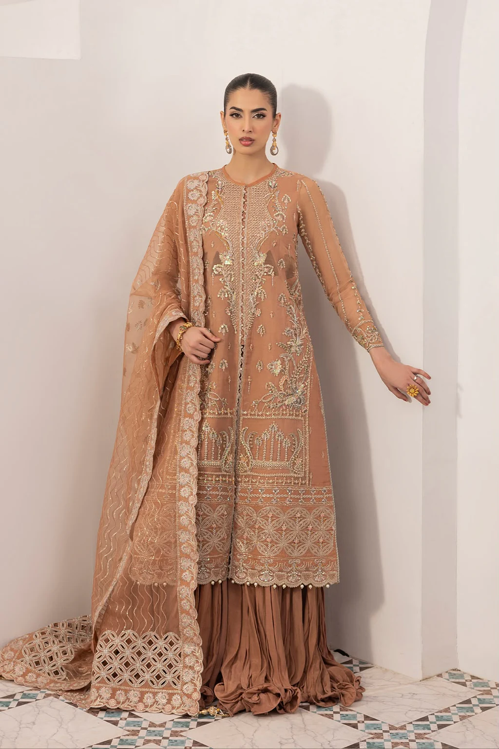 Mirha Imran Tealeh peach sharara set full front model view