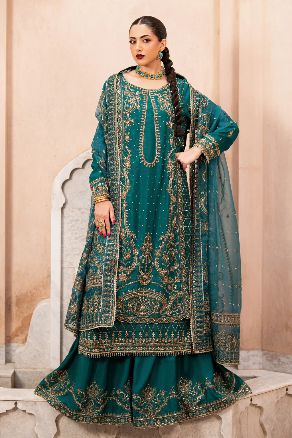 Naqshi Gul-e-Rimal zinc-green shirt and sharara full front model view