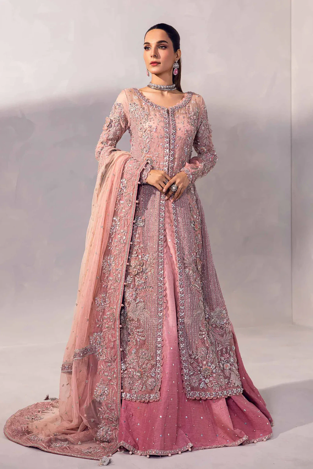 Maria B - Resmin Blush Pink Open Shirt with Lehenga – full outfit view