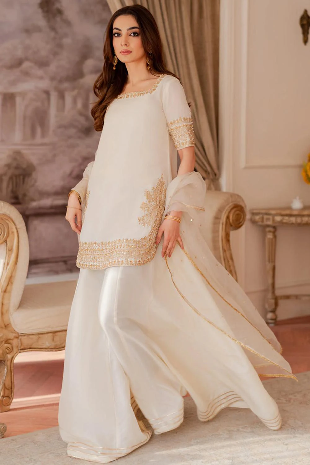ShanzayAnooshay off-white Soft Silk sharara suit full model view