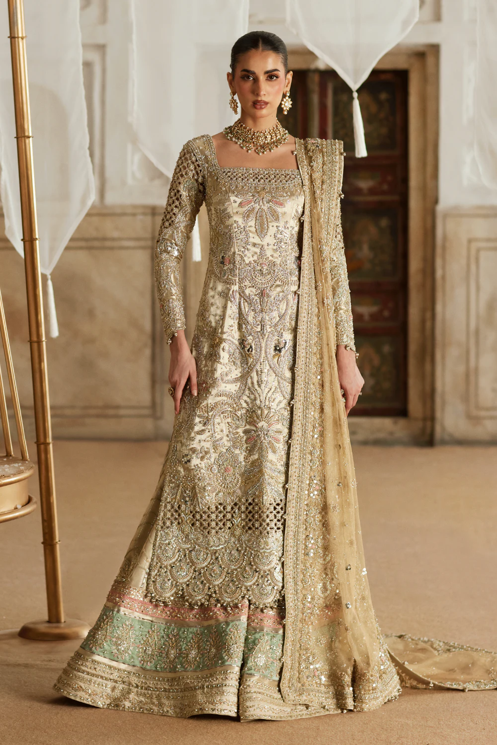 Soraya – Khusht Champagne Gold with Mint and Blush full front model view
