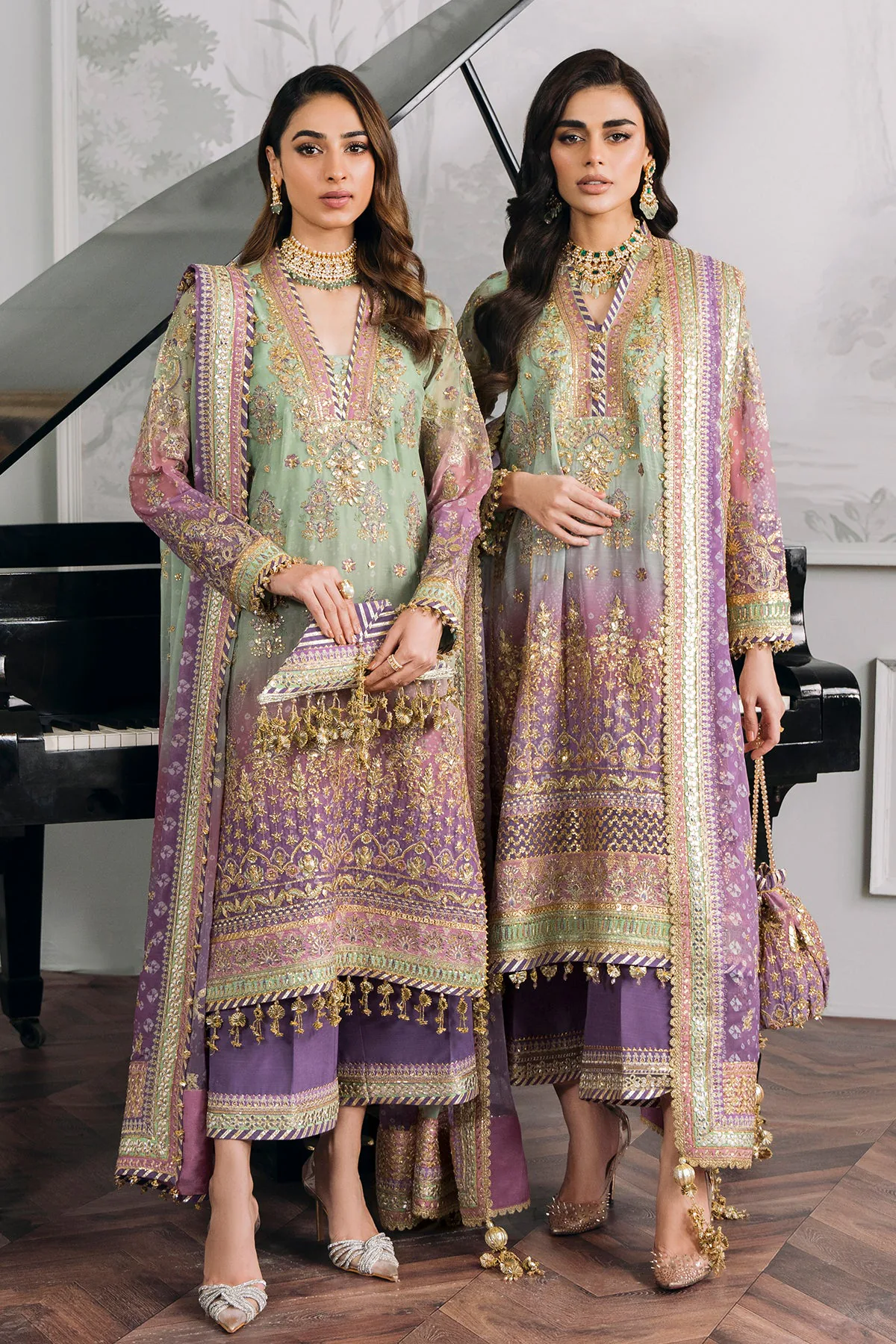 Baroque CH12-08 mint green and lilac embroidered chiffon three-piece dress, full front view