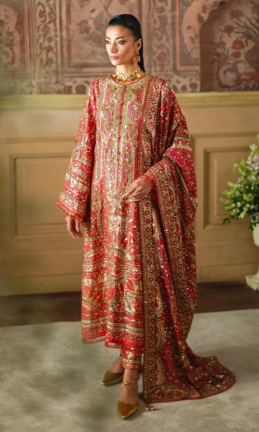 Nomi Ansari – Crimson Tale Style crimson and gold formal ensemble