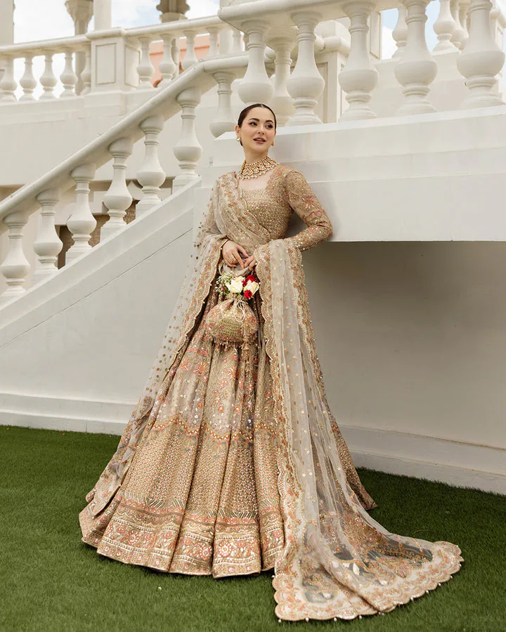 Faiza Saqlain Jemina ivory gold embroidered lehenga