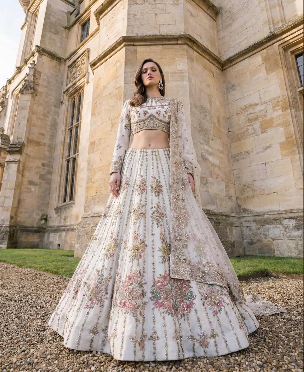 Ahmad Sultan Tiara ivory bridal lehenga full front model view