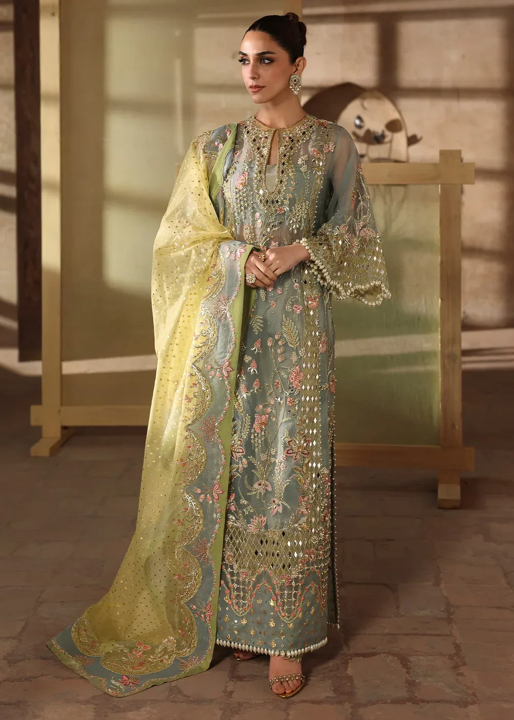Crimson – Jhalak Sunshine Blue Embroidered Organza Suit – full outfit view