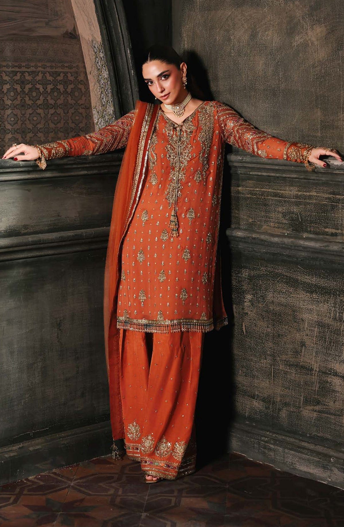 DJW5-11 - CHZ2JSH - Orange Emroidered Chiffon full-length primary view