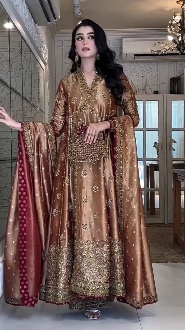 Haris Shakeel - Copper Gold Hibiscus Angrakha full-length primary view