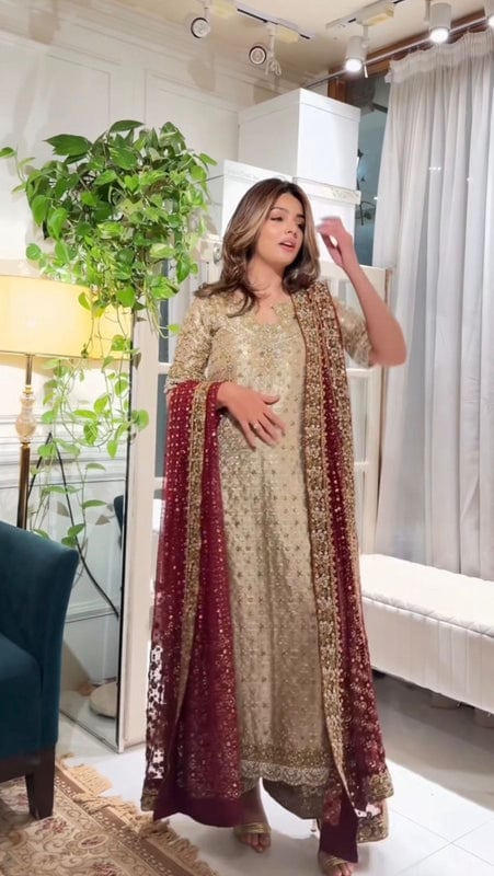 Haris Shakeel Golden Maroon full-length primary view