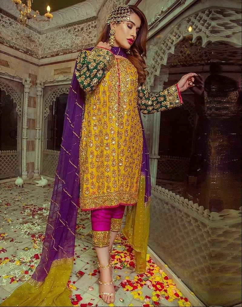 Haris Shakeel yellow mehndi chiffon full-length primary view