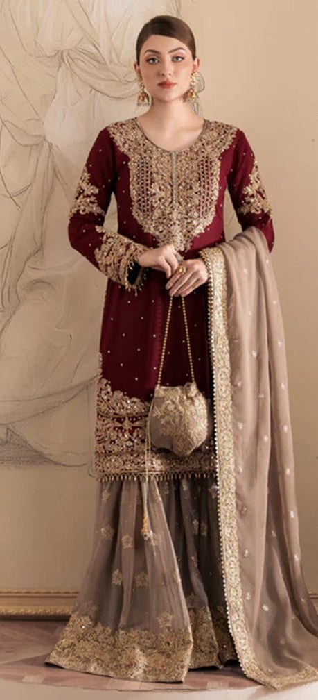 Haseens Luxury Embroidered Velvet Wedding Collection- Reddish Maroon full-length primary view