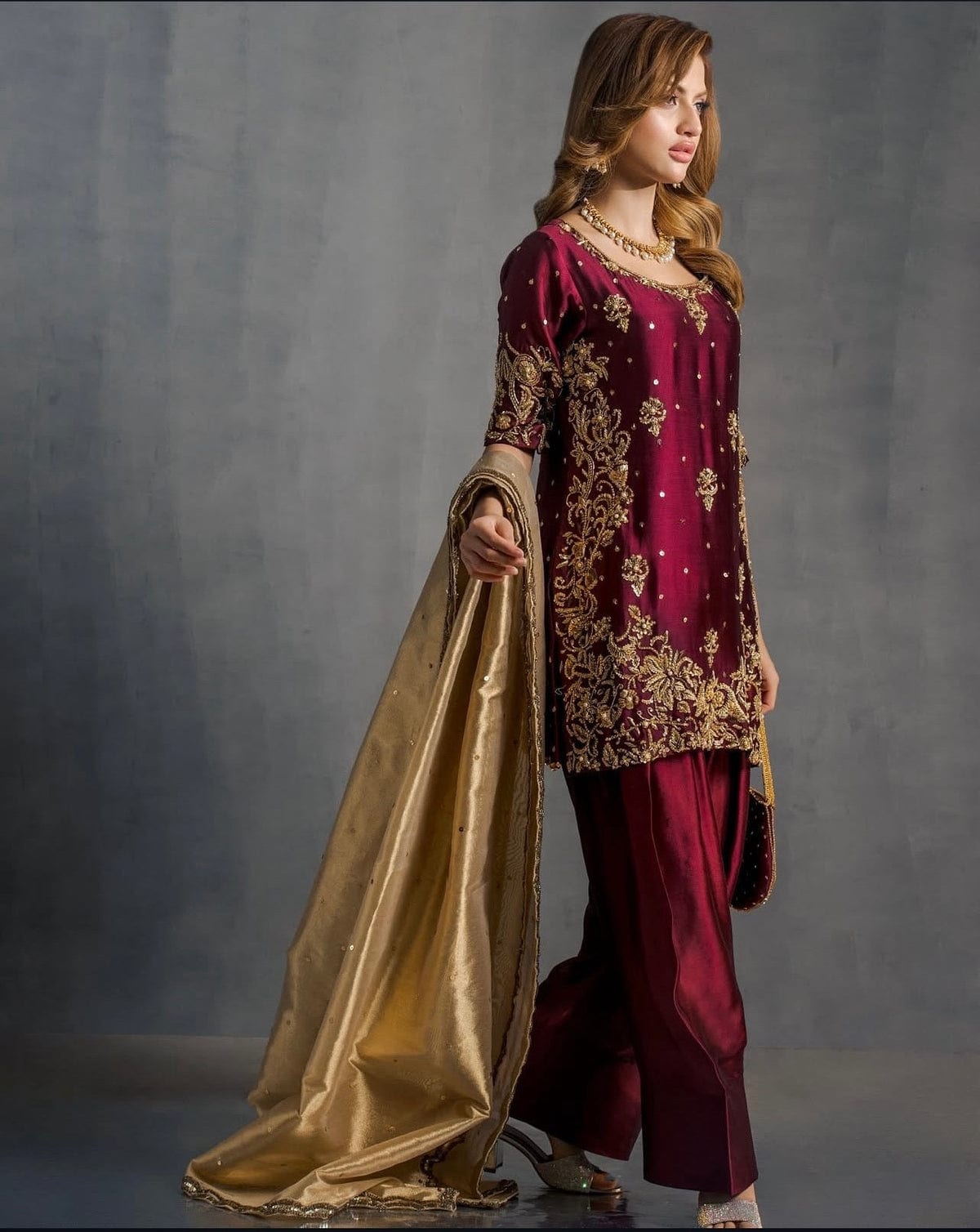 House Of Sehrish Nadeem - Maroon ensemble full-length primary view