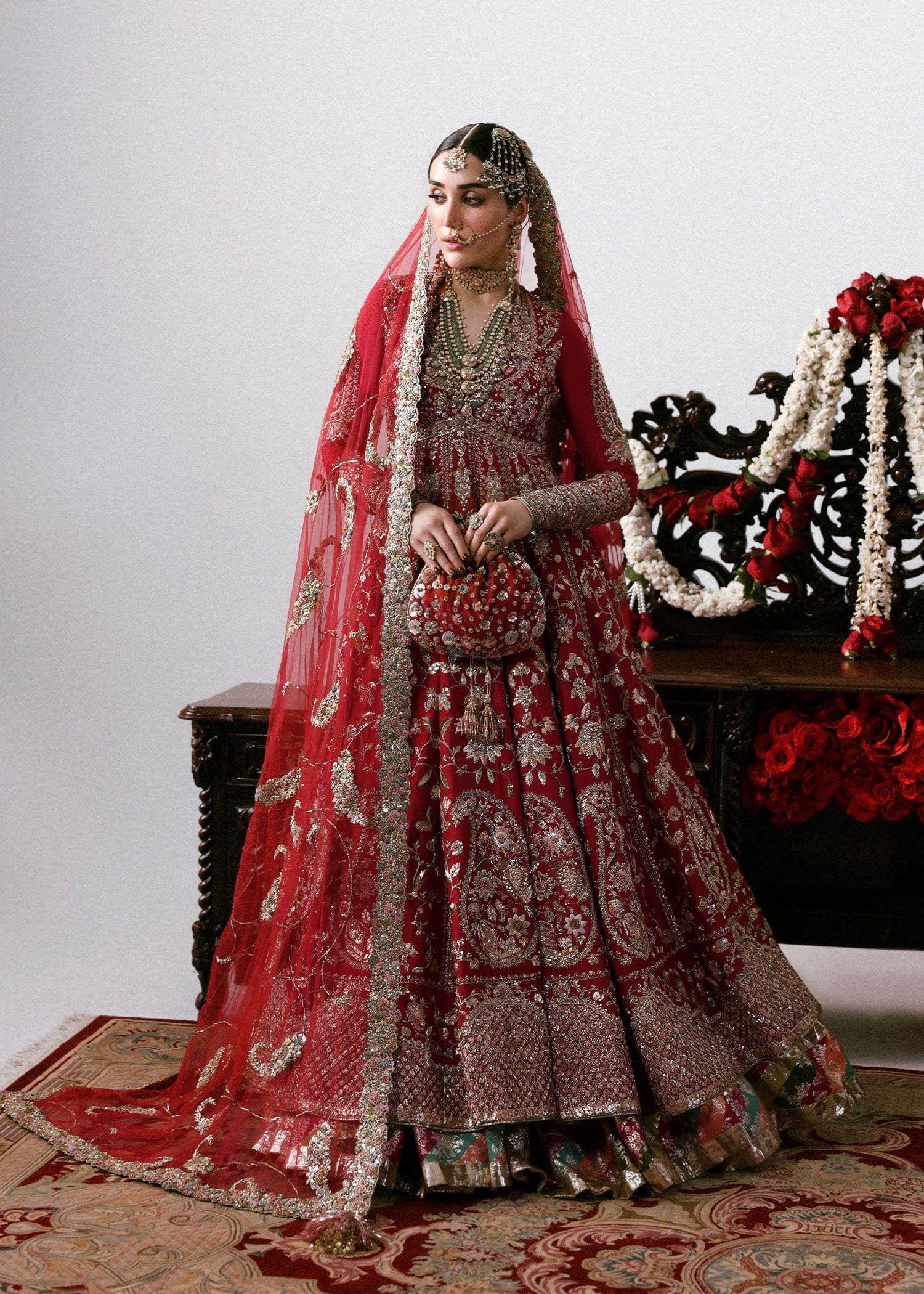 Hussain Rehar Motiya carmine-red bridal pishwas full front model view