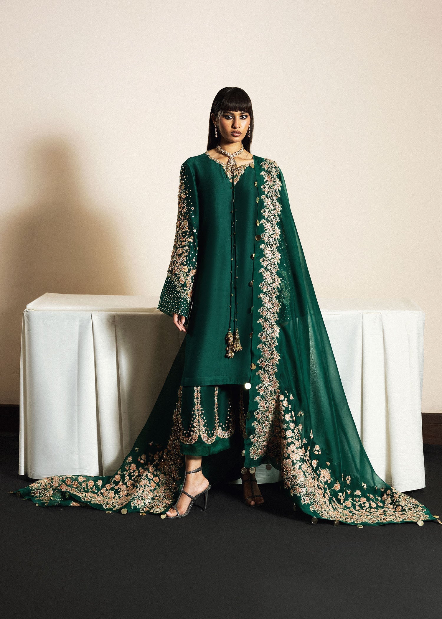 Hussain Rehar Noor L’époque bottle-green three-piece suit full front model view