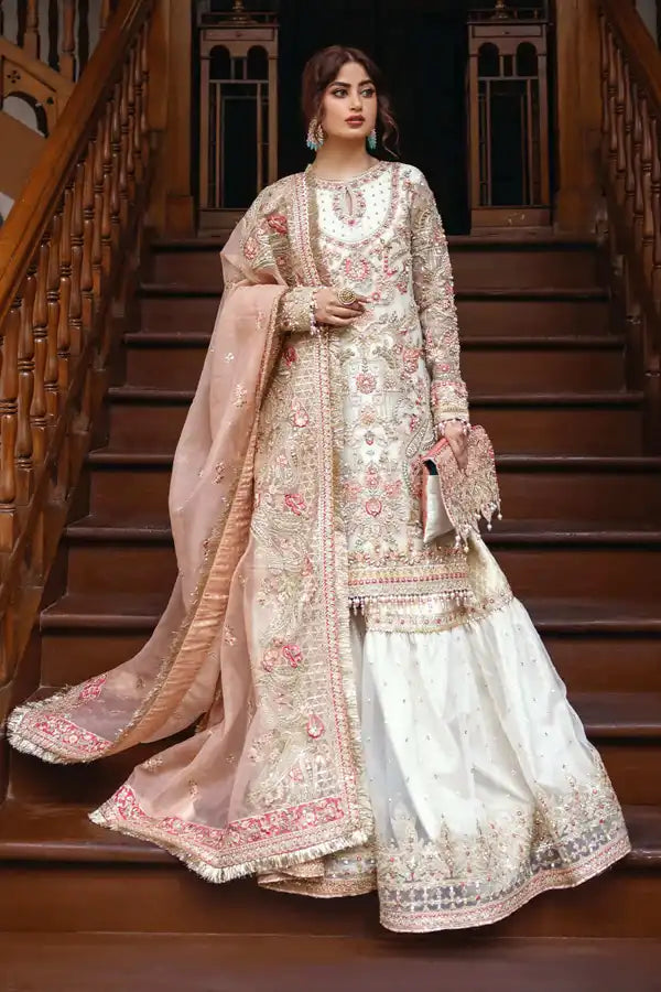 Imrozia Zevar SB-29 ivory shirt and lehenga full front model view