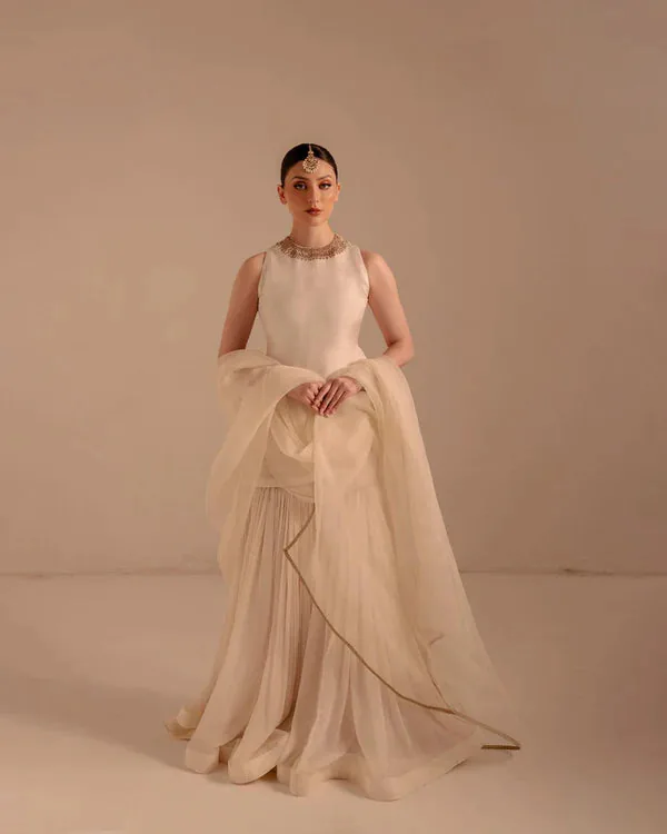 IVORY ZARDOZI SILK SHARARA SET full-length primary view