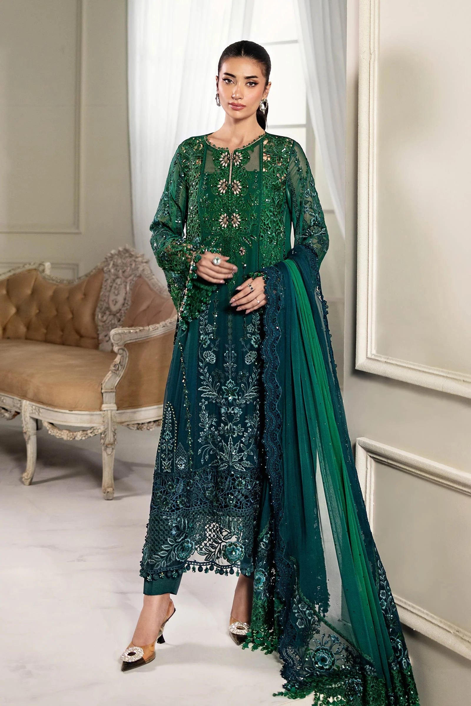 J0394 emerald-green embroidered chiffon suit with hand embellishment, full-length front view