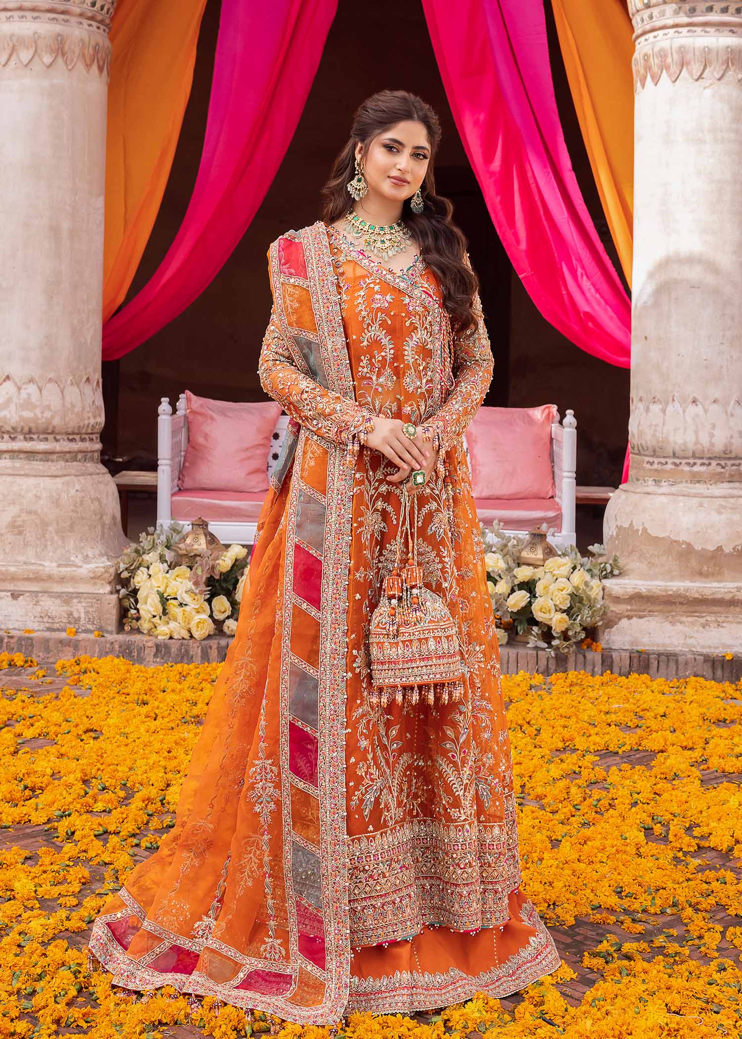 MINA orange organza angrakha with gold hand embellishment, full-length front view